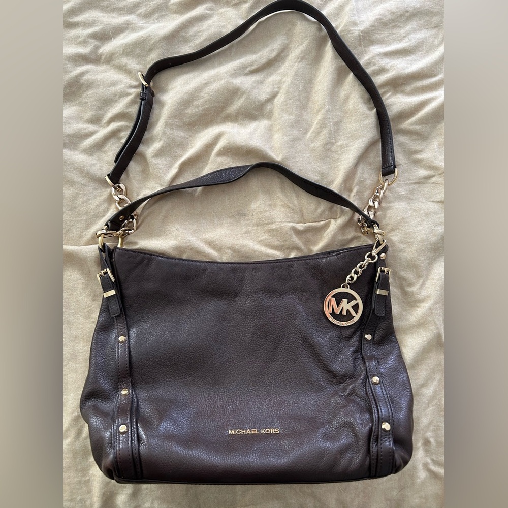 Michael Kors Leigh Dark Brown Shoulder Bag with Gold Accents